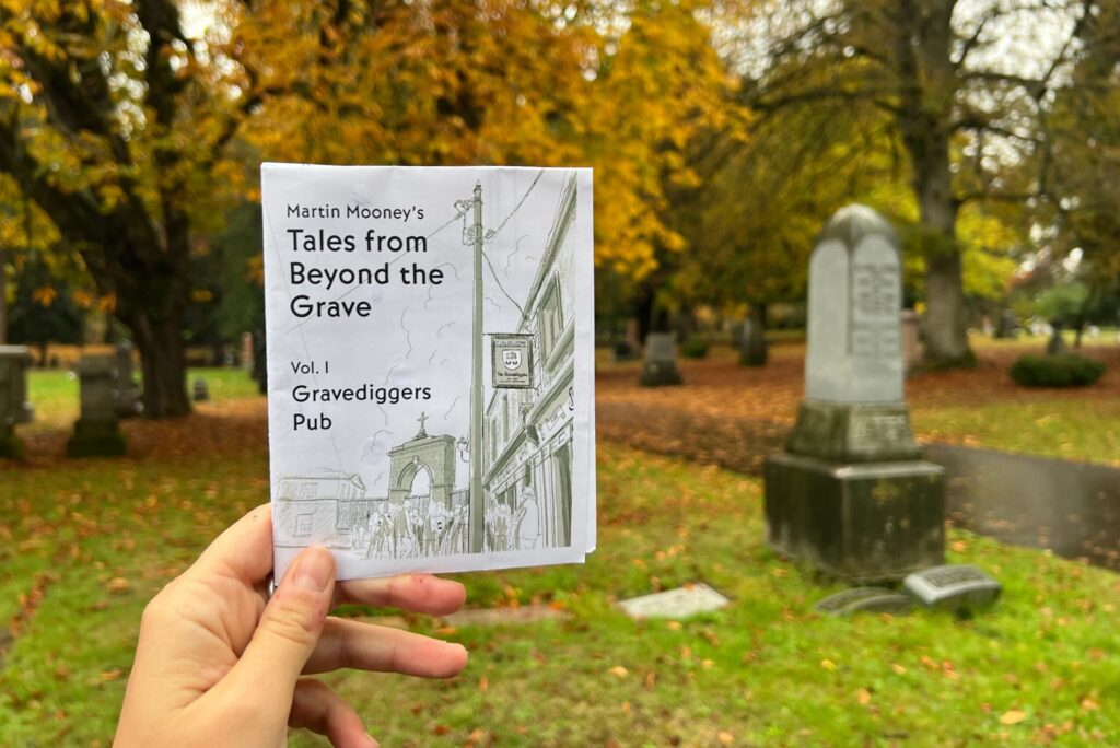 Zine held up in a cemetery in the fall