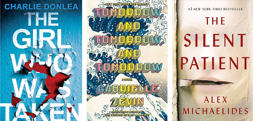 Book covers: The girl who was taken, tomorrow and tomorrow and tomorrow and the silent patient