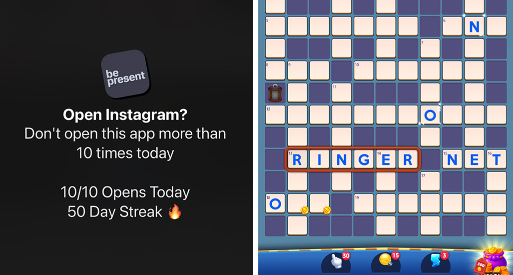 Be present app and a shot of a phone game