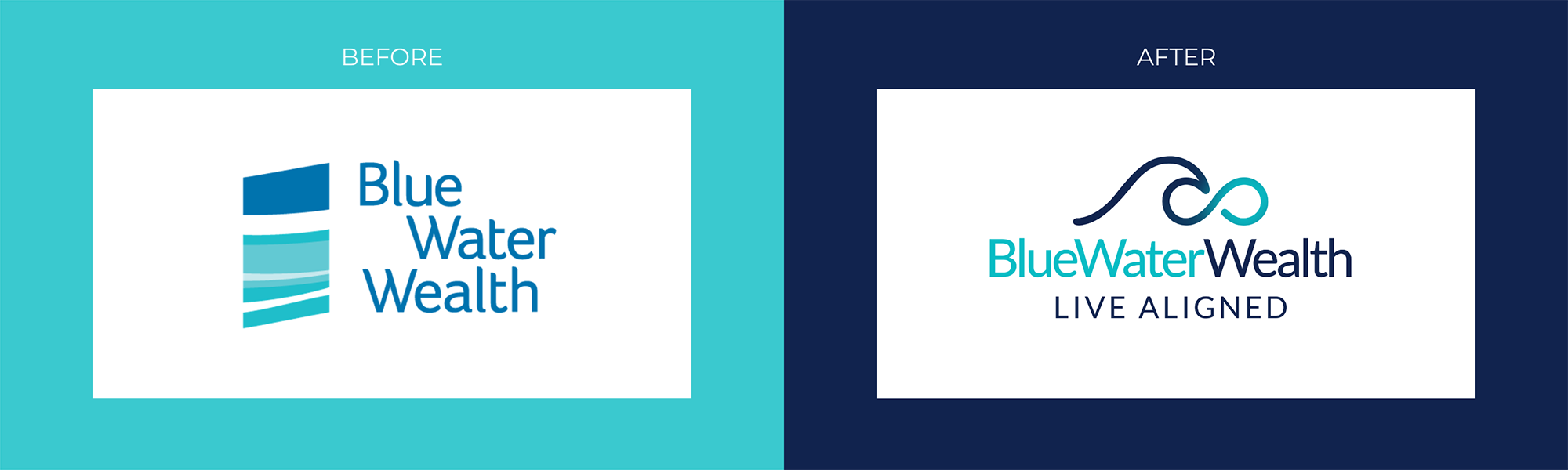 Blue water wealth logo before and after new logo design.