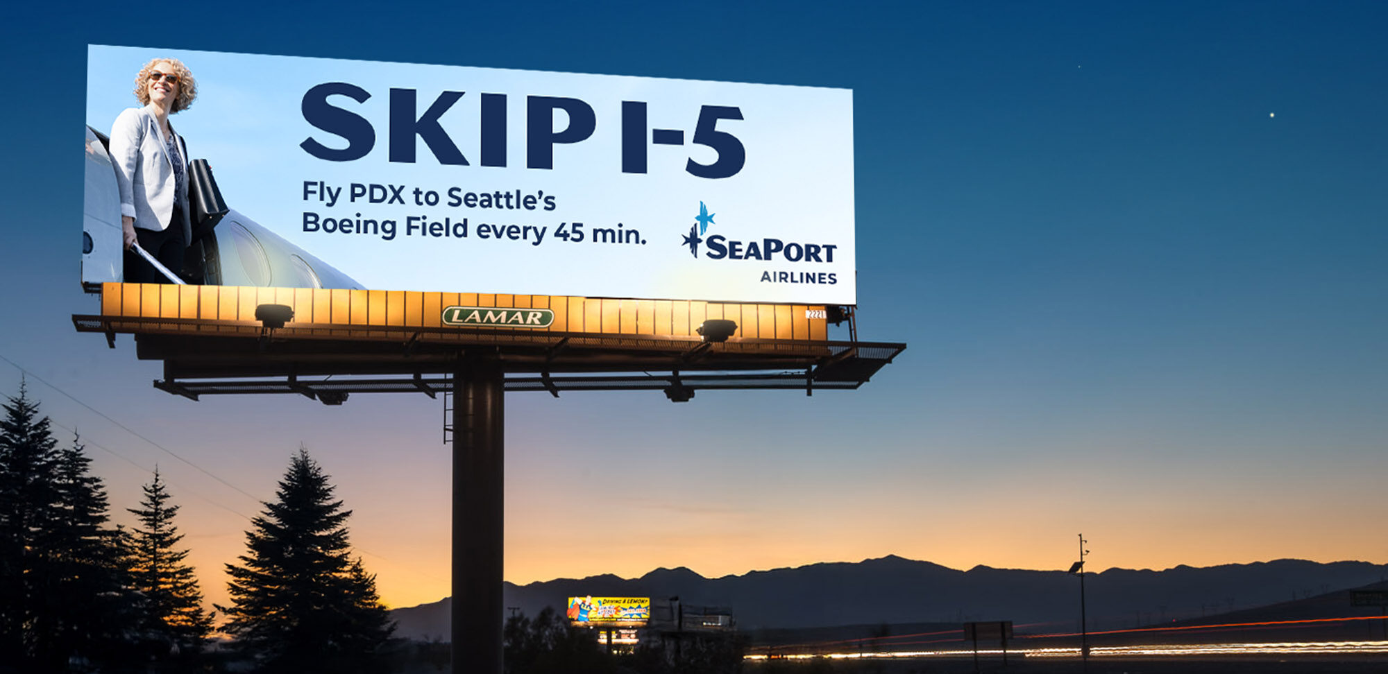 SeaPort billboard that says "Skip 1-5"