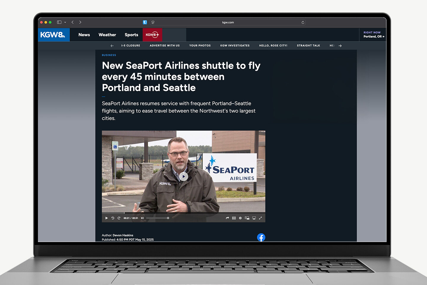 A laptop showing a news article about Seaport Airlines