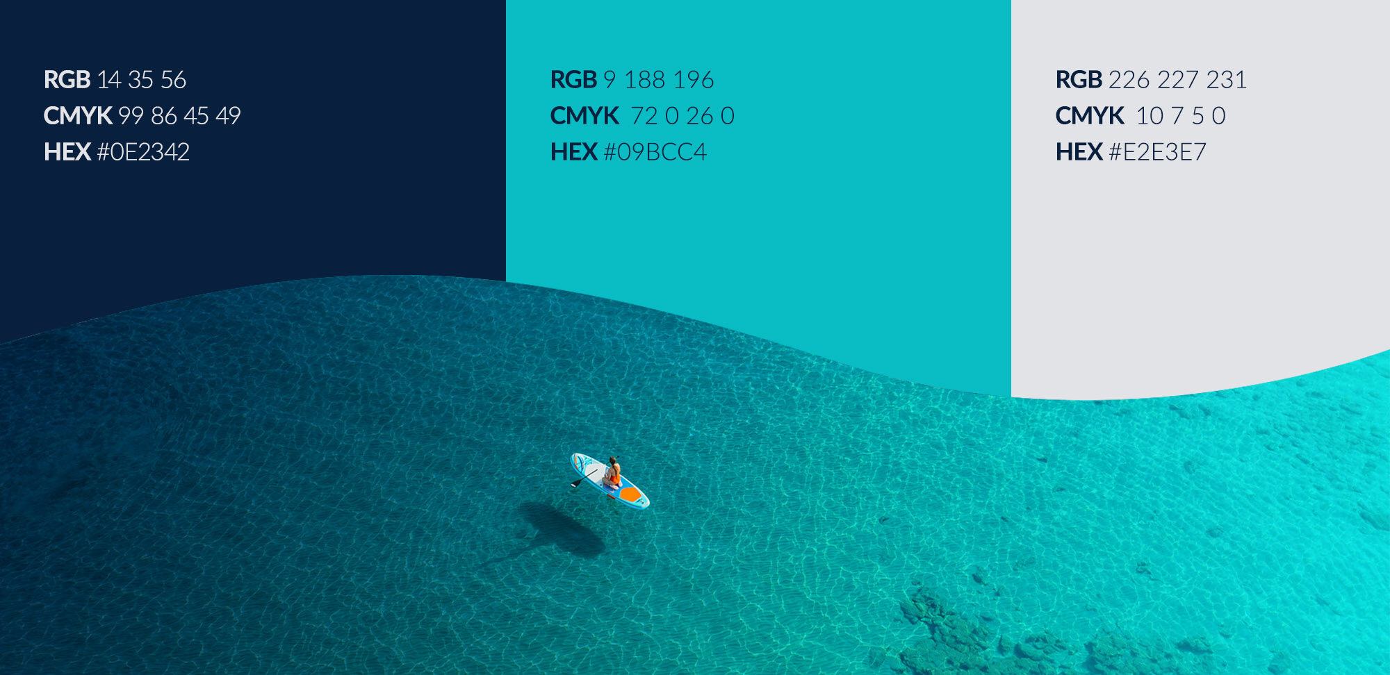 Blue Water Wealth brand colors displayed with an image of an individual on a paddle board